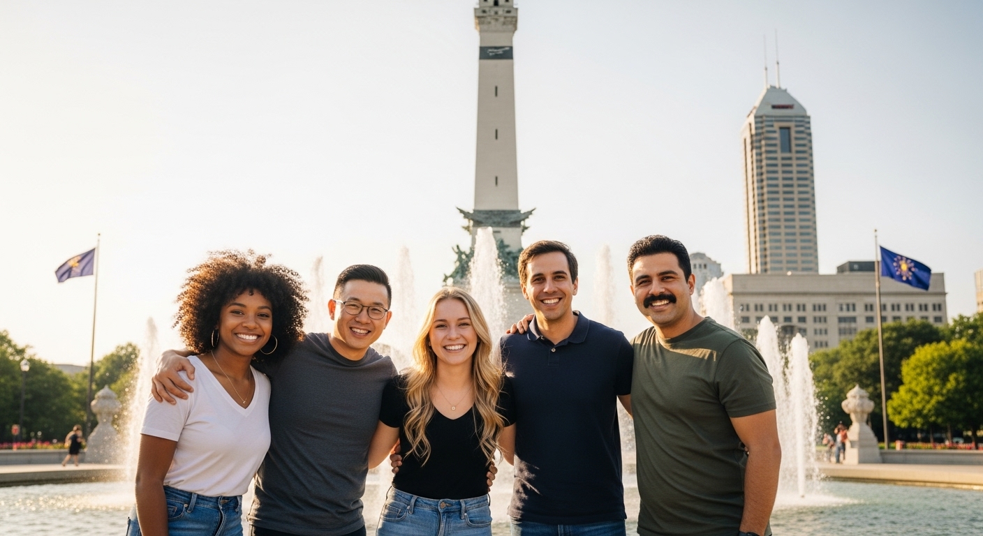 Group of people at Monument Circle, Indianapolis - Indiana Rehabs team helping the community